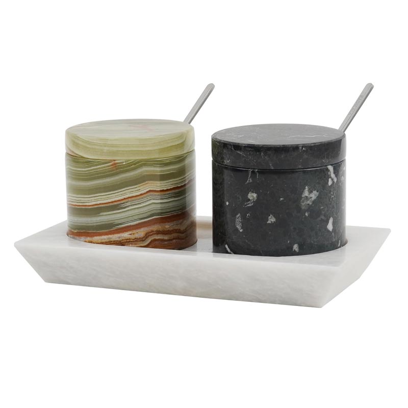 Salt Cellar with Lid, Spoon and Tray - Marble Serving Tray-1