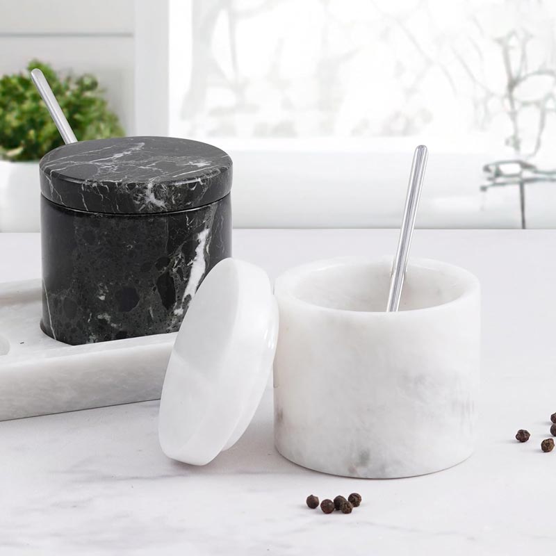 Salt Cellar with Lid, Spoon and Tray - Marble Serving Tray-6