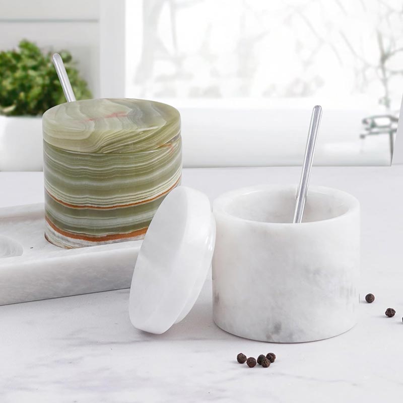 Salt Cellar with Lid, Spoon and Tray - Marble Serving Tray-8
