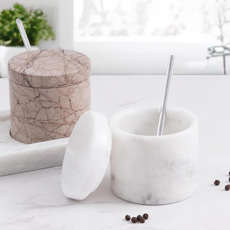 Salt Cellar with Lid, Spoon and Tray - Marble Serving Tray-5