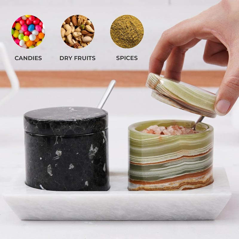 Salt Cellar with Lid, Spoon and Tray - Marble Serving Tray-3