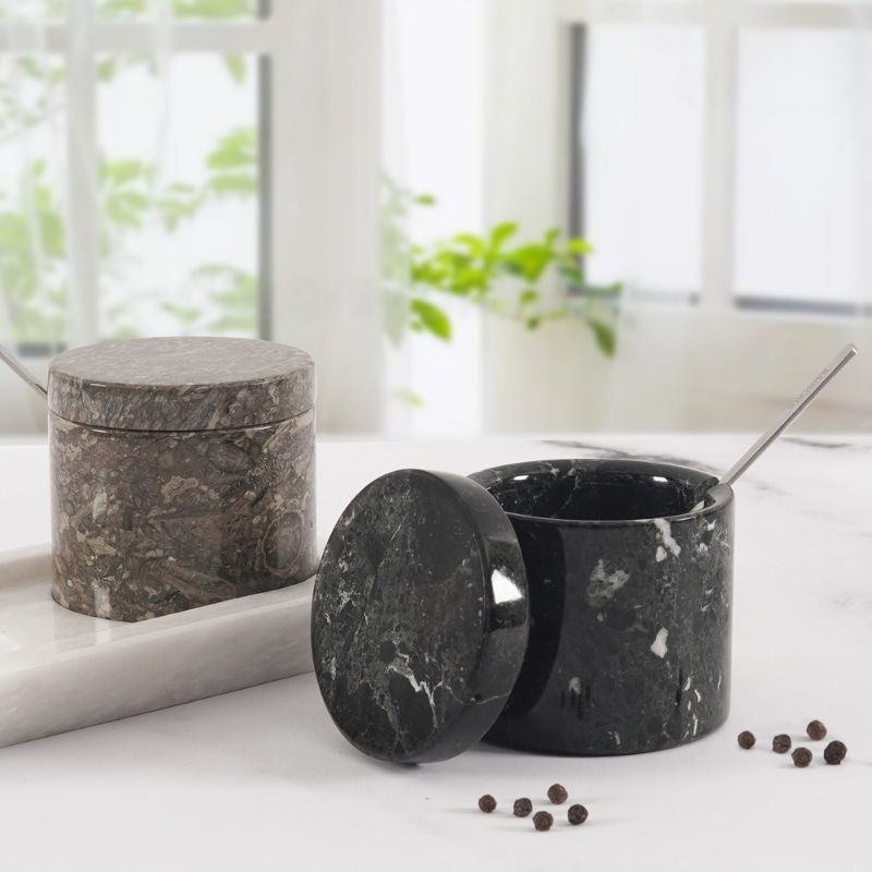 Salt Cellar with Lid, Spoon and Tray - Marble Serving Tray-9