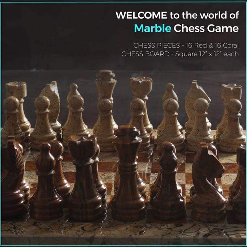 Coral and Red 12 Inches Premium Quality Marble Chess Set-4