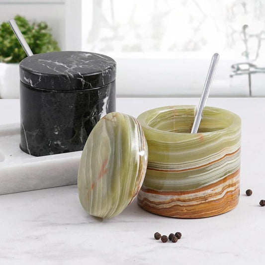 Salt Cellar with Lid, Spoon and Tray - Marble Serving Tray-0