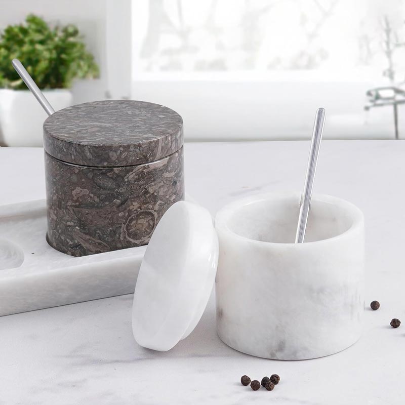 Salt Cellar with Lid, Spoon and Tray - Marble Serving Tray-7